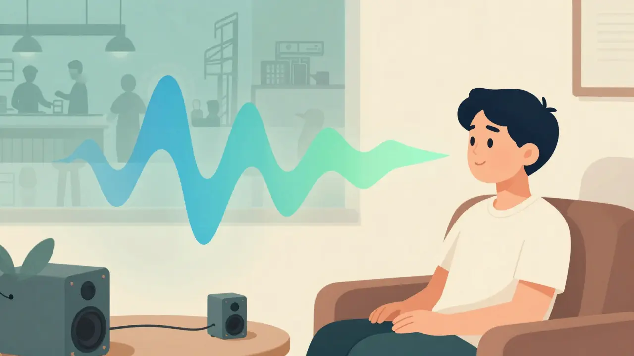 Calm person listening to soothing blue sound waves in a quiet room.