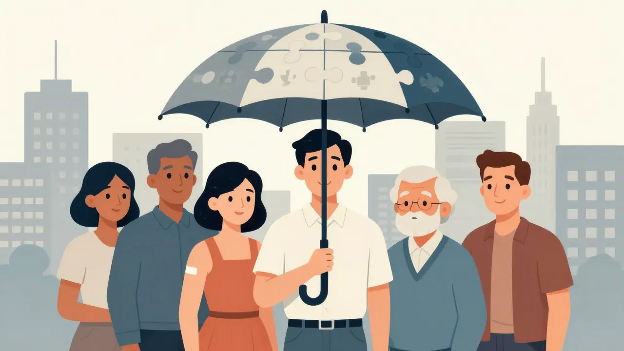 Diverse group under puzzle-piece umbrella, representing community immunity and vaccination.