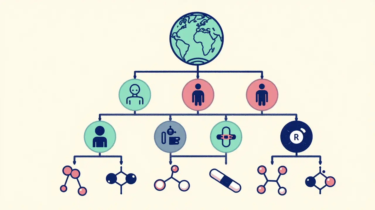 Hierarchical diagram of the WHO ATC drug classification system in neo-vintage art