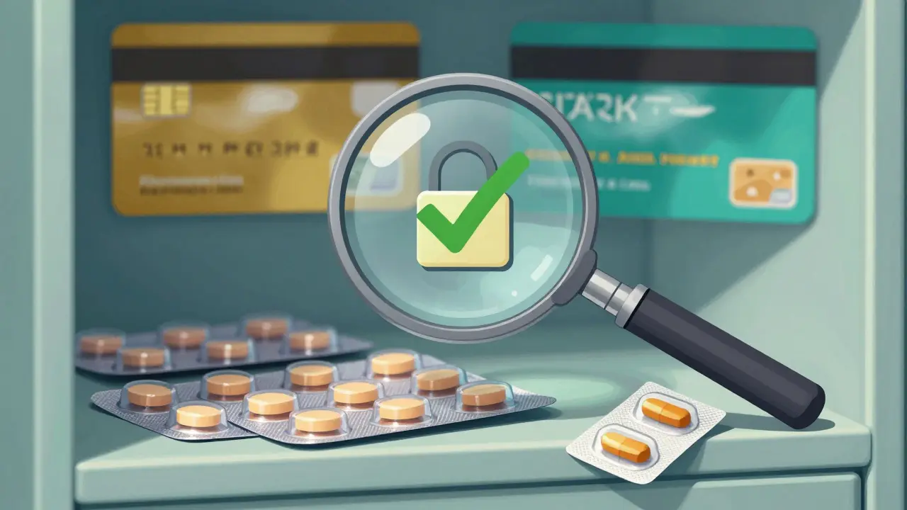 Magnifying glass verifying secure pharmacy seal and safe pill storage methods.