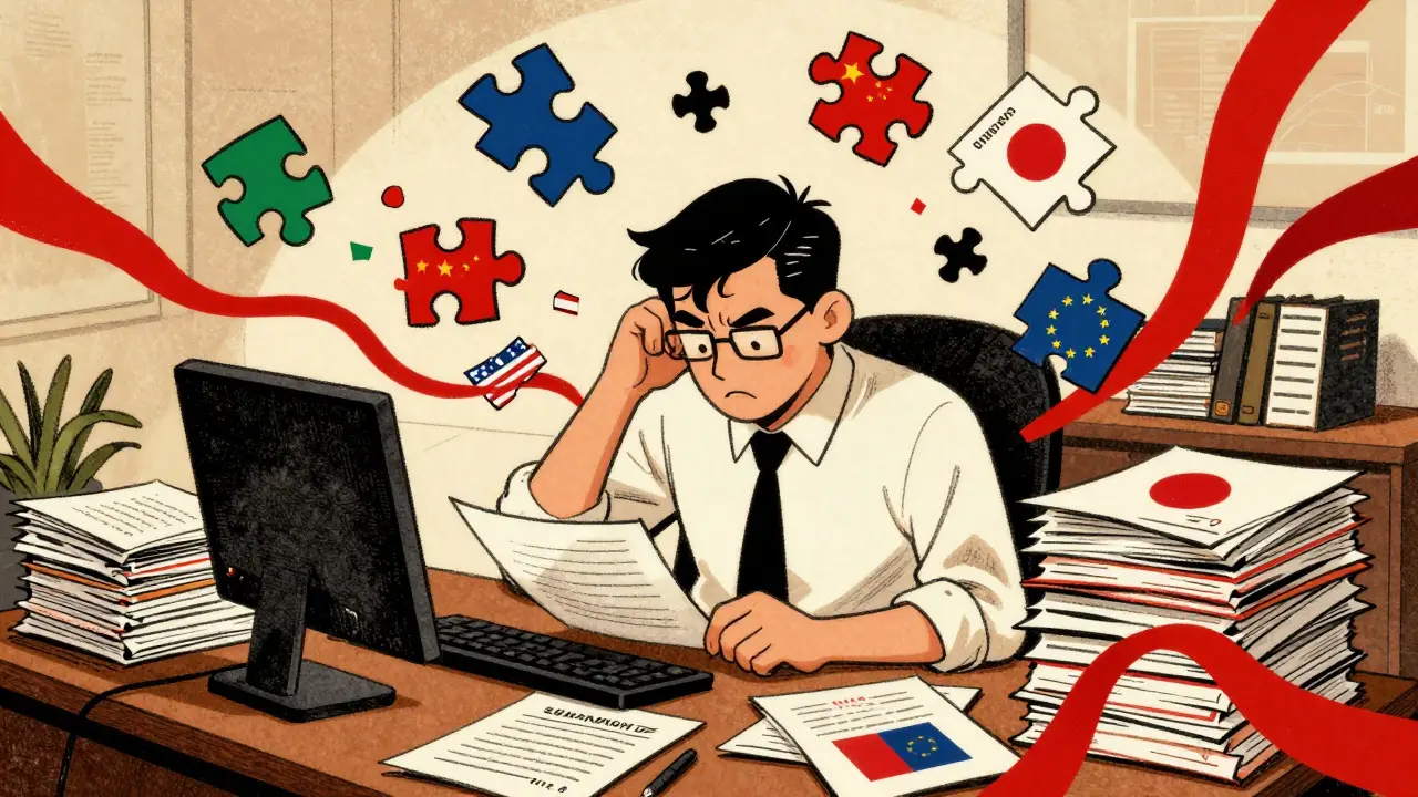 Professional overwhelmed by paperwork and tangled red tape at desk