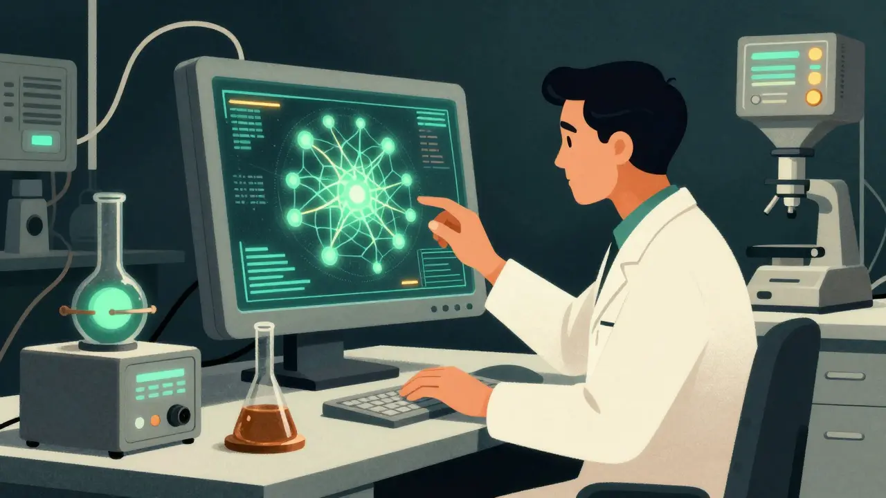 Scientist using AI technology to analyze drug safety data in lab
