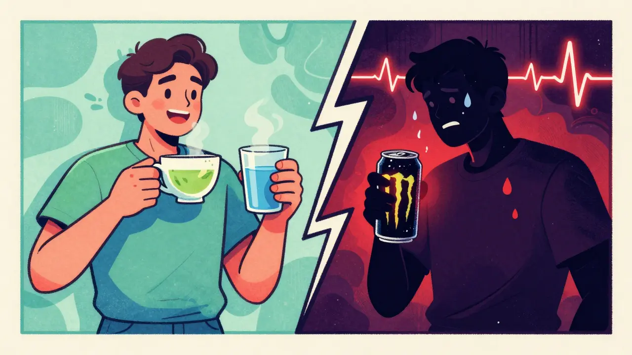 Split image: healthy tea drinker vs jittery energy drinker