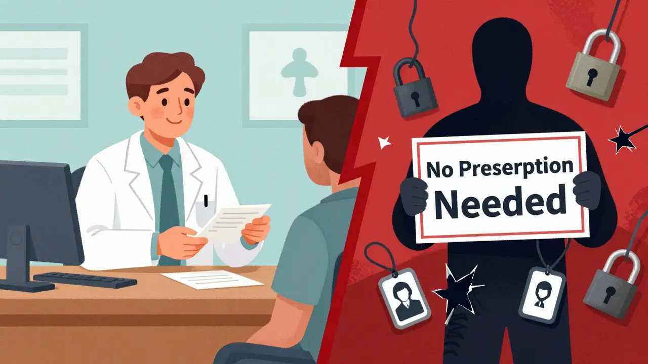 Split scene showing safe doctor visit versus shady no-prescription vendor.