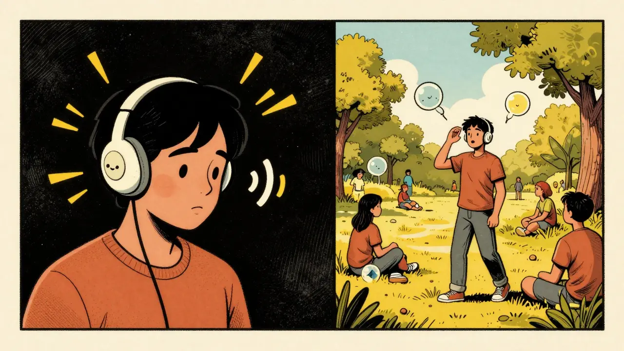Split view: isolation with earplugs vs. social freedom in a park.