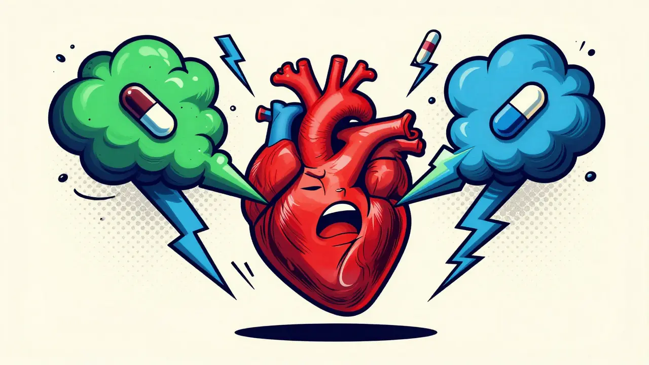 Stressed heart squeezed by caffeine and medicine clouds