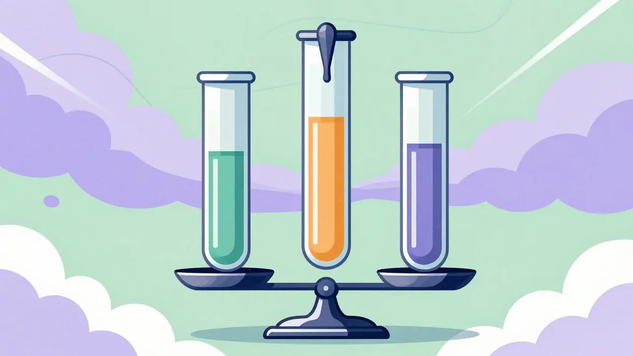Three test tubes on a balance scale, representing multi-batch bioequivalence testing in a neo-vintage style.