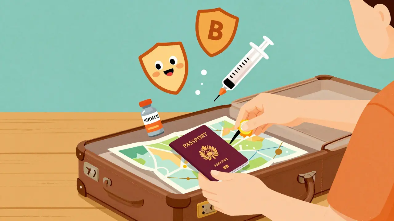 Traveler packing suitcase with vaccine icons, illustrating pre-travel Hepatitis protection.