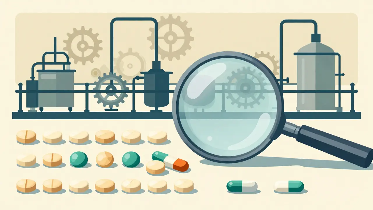 Vintage factory scene with pills under a magnifying glass, highlighting hidden manufacturing inconsistencies.
