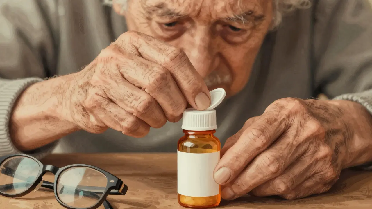 Arthritic hands struggling to open a pill bottle