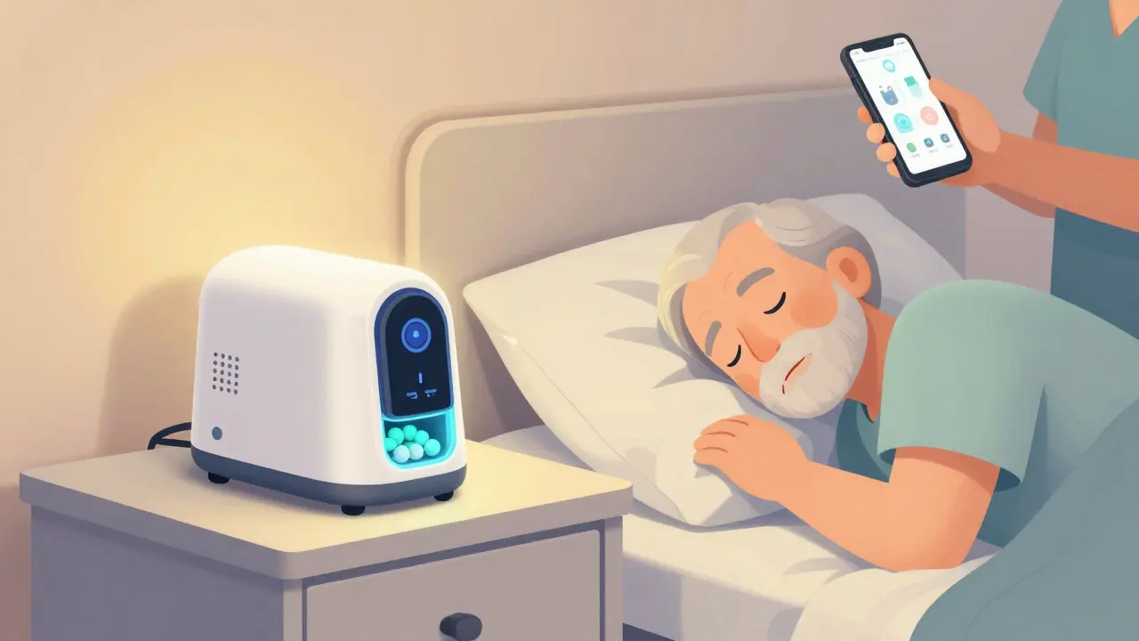 Automated pill dispenser aiding a resting senior