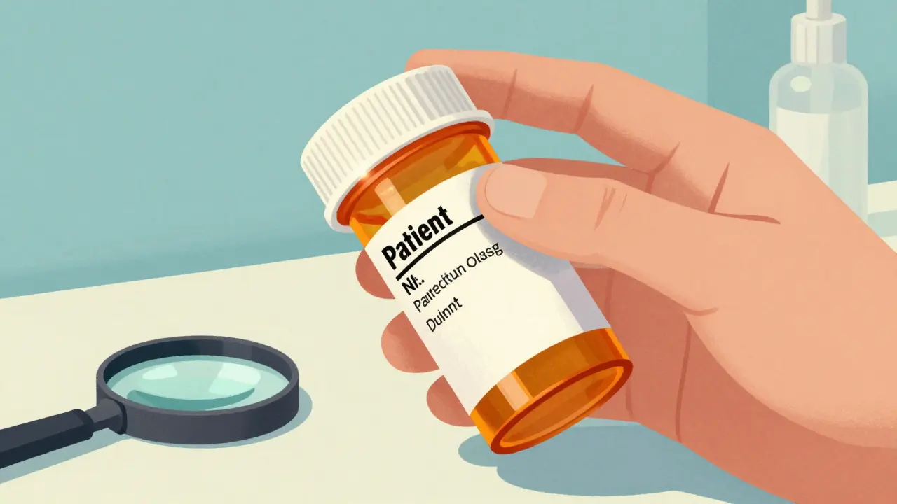 Close-up of hand verifying medication details on bottle