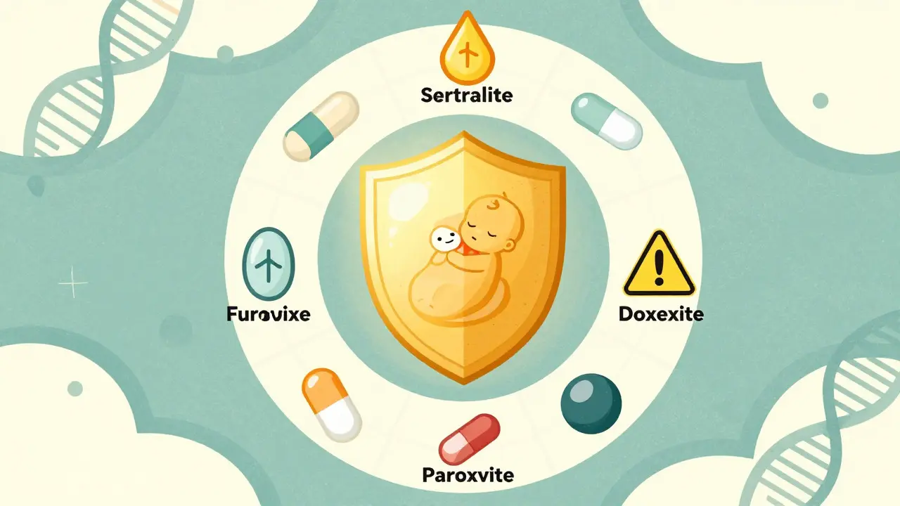 Conceptual illustration of antidepressant safety levels for breastfeeding mothers, using shields and pills
