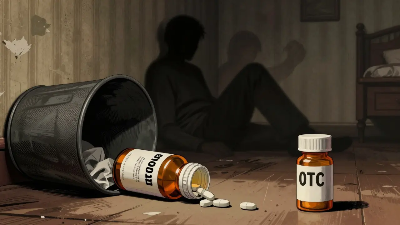 Discarded medicine bottles and shadowy figure in dim bedroom