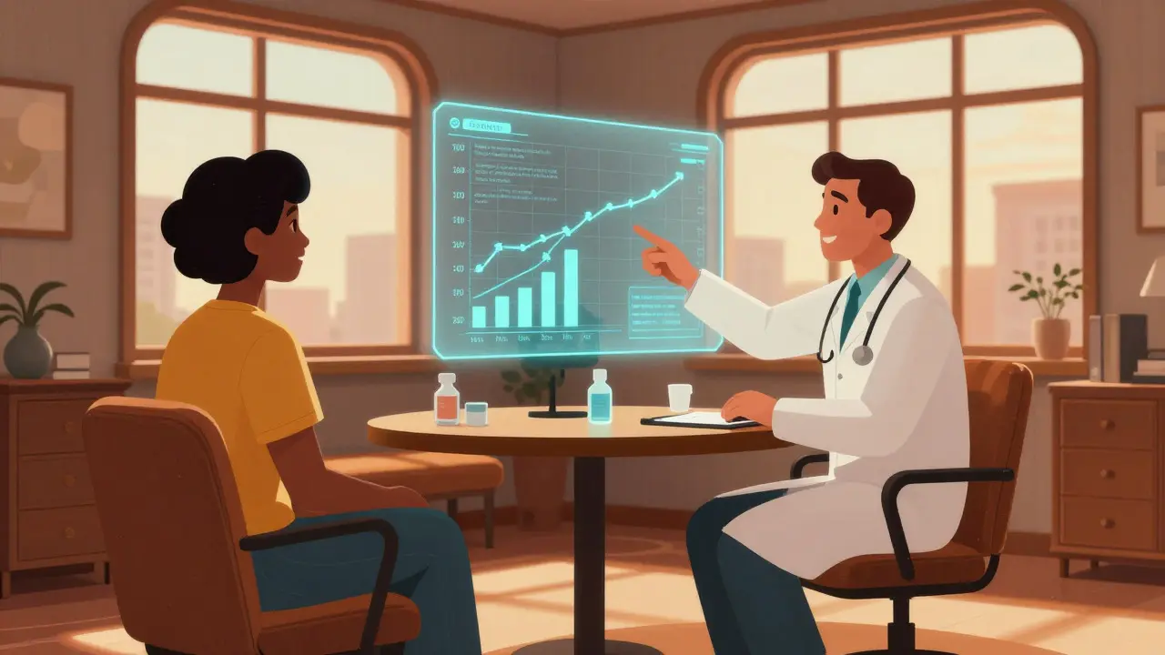 Doctor and patient discussing fast-acting new depression treatments in clinic