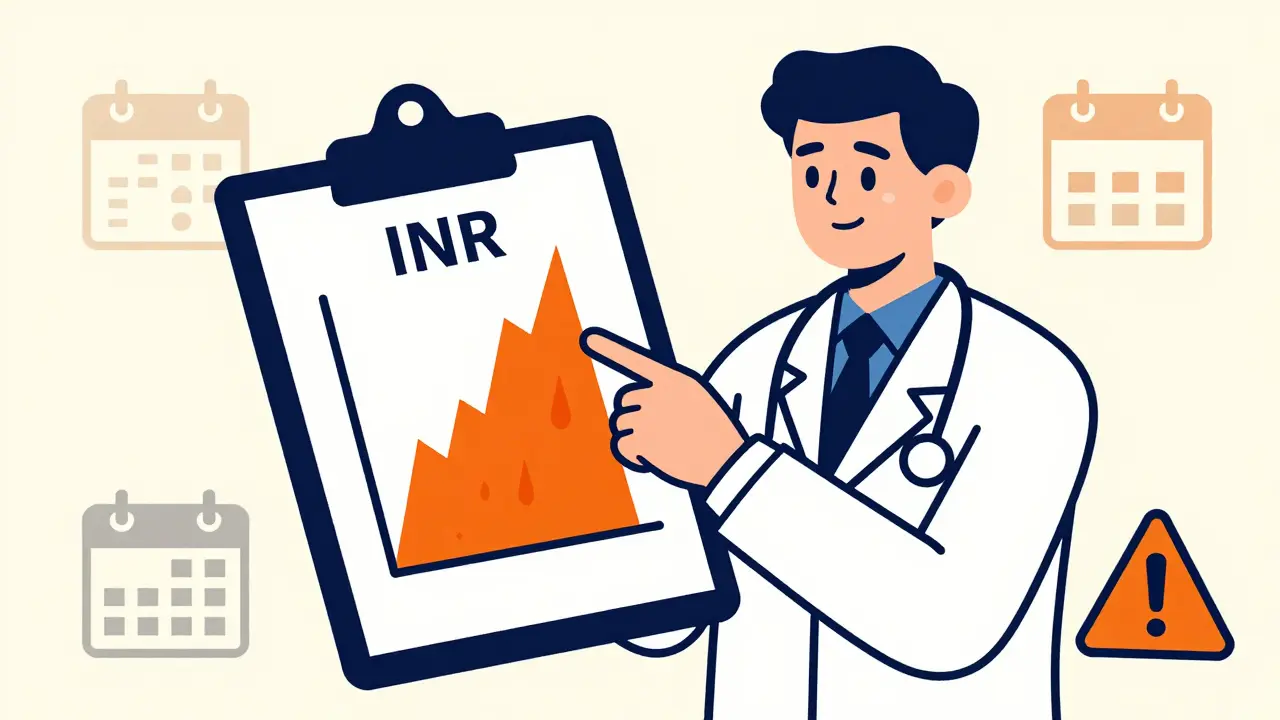 Doctor checking INR graph spike on clipboard, neo-vintage style.
