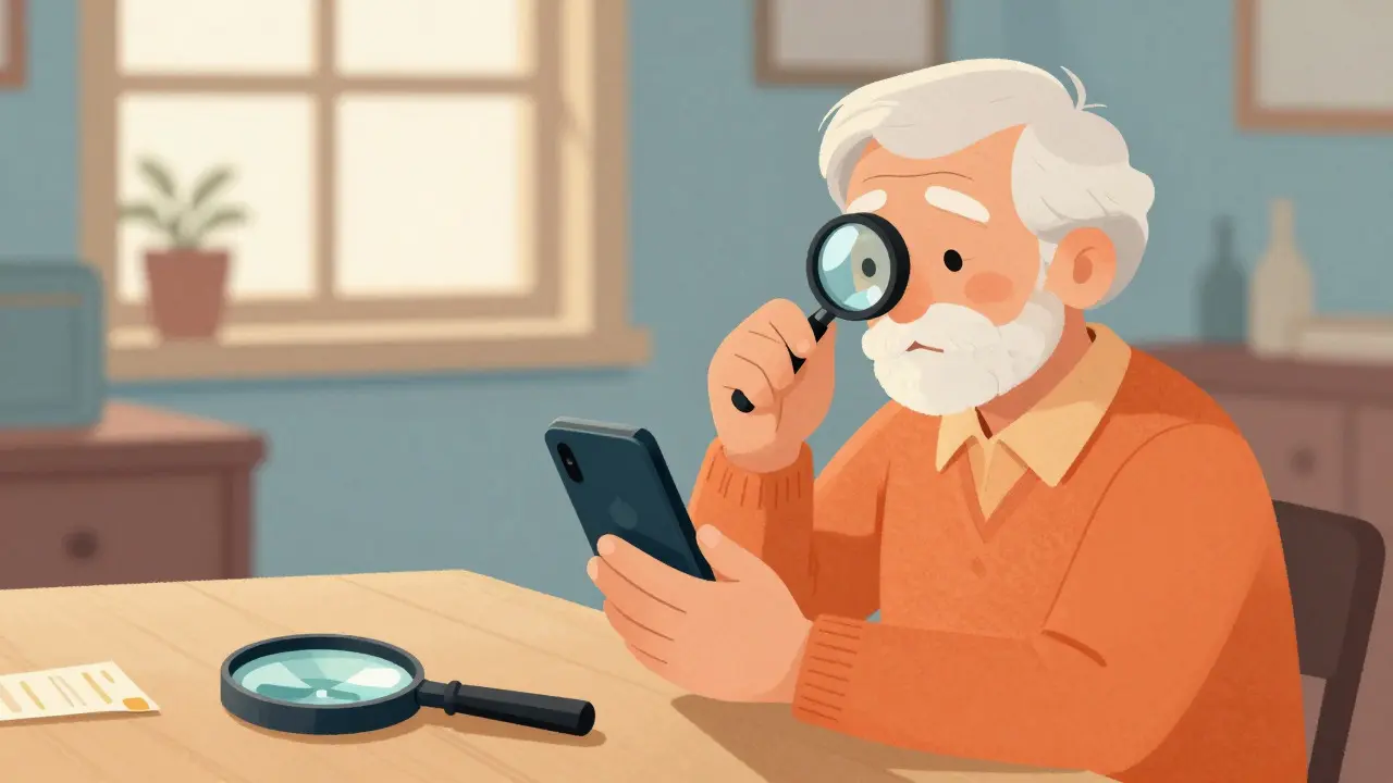 Elderly person using phone magnifier to read prescription