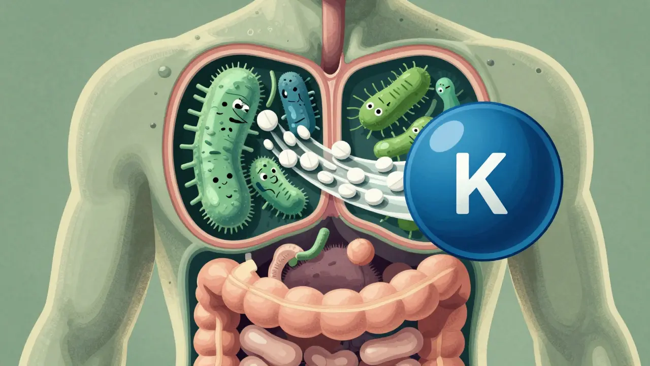 Illustration of gut bacteria reduction increasing warfarin potency.