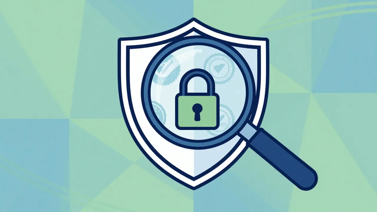 Magnifying glass inspecting a shield symbol for safe online pharmacy verification.
