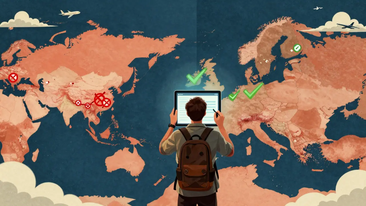 Map showing global medication restrictions, neo-vintage illustration