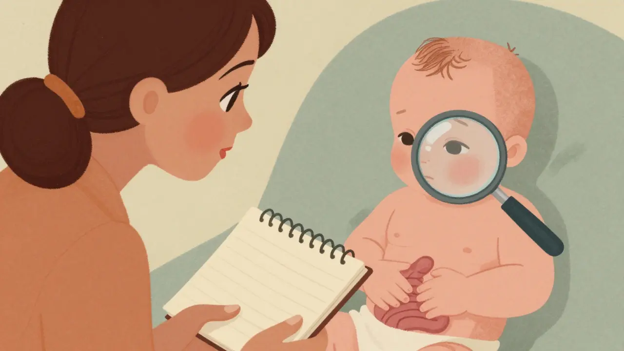 Mother carefully observing her baby while holding a notebook, checking for medication side effects