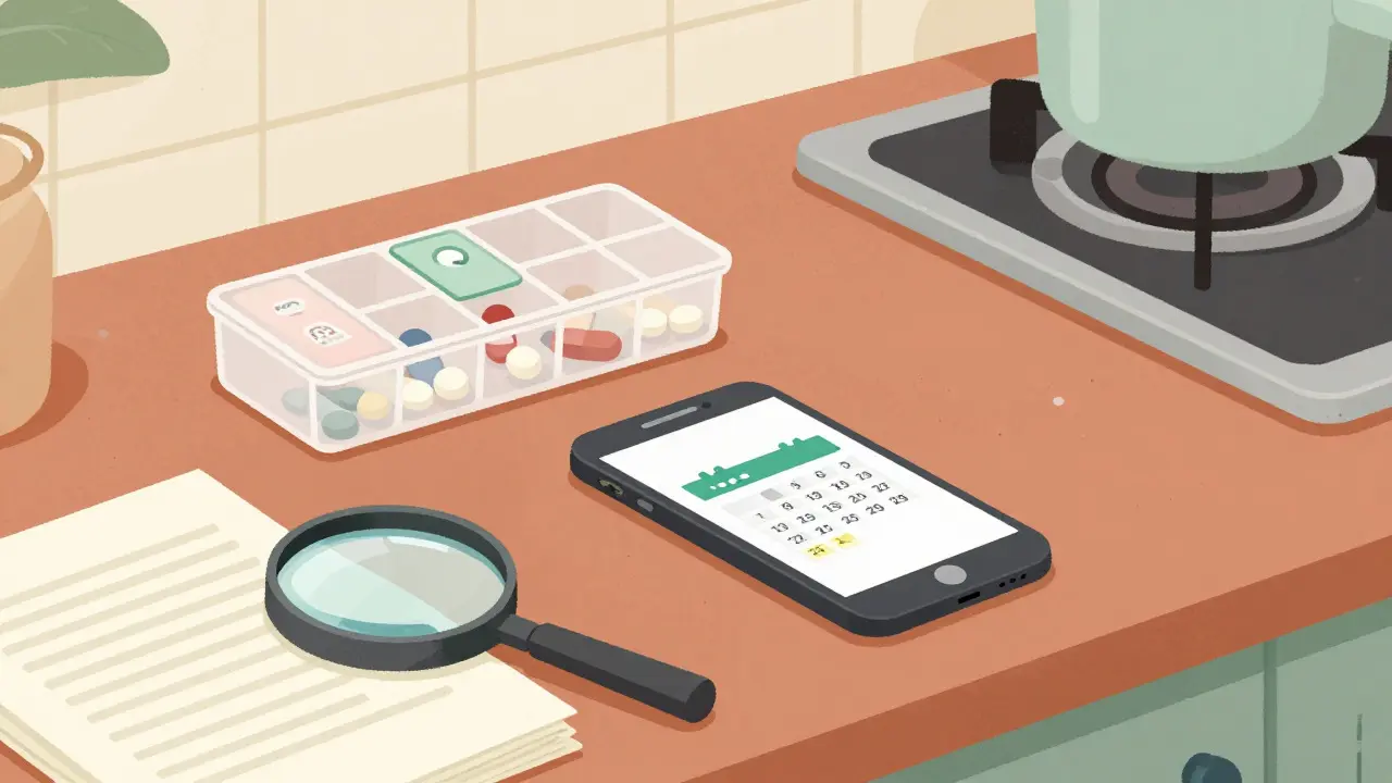 Organized kitchen counter with pill organizer and phone calendar, illustrating proactive medication management.