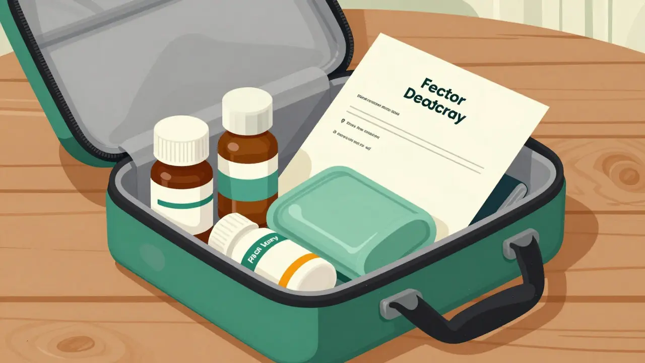 Organized travel medicine kit with bottles and cooler, retro art