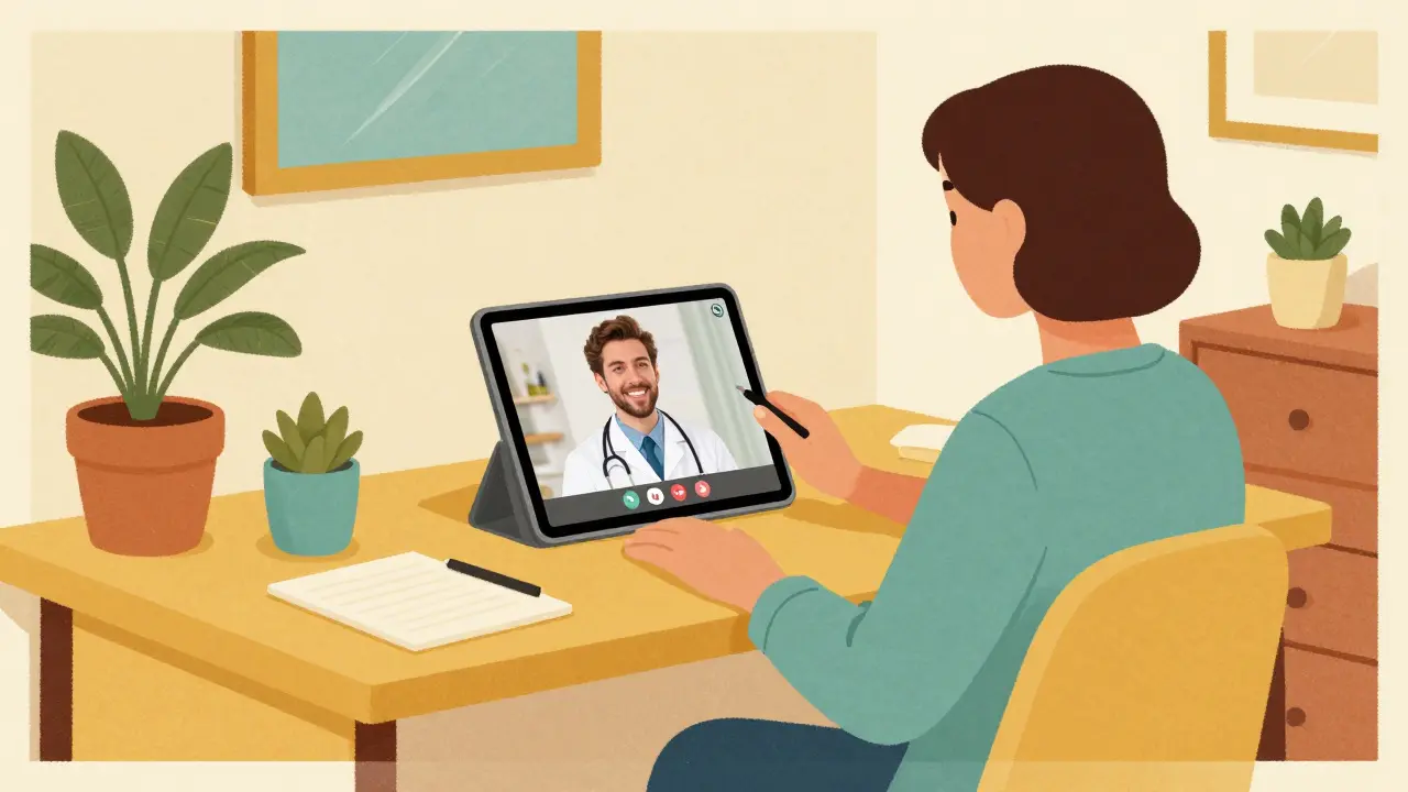 Patient having a telehealth video consultation with a doctor from home.