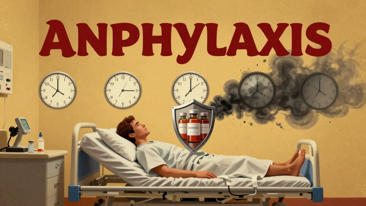 Patient under observation with clocks showing timeframes for biphasic reactions