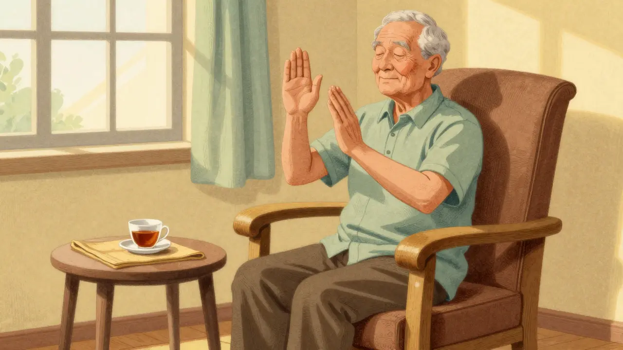 Person practicing seated tai chi in a cozy, sunlit living room setting.