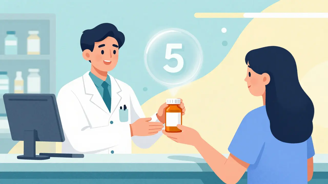Pharmacist handing a bottle to a patient with a floating icon showing remaining refills in neo-vintage art.