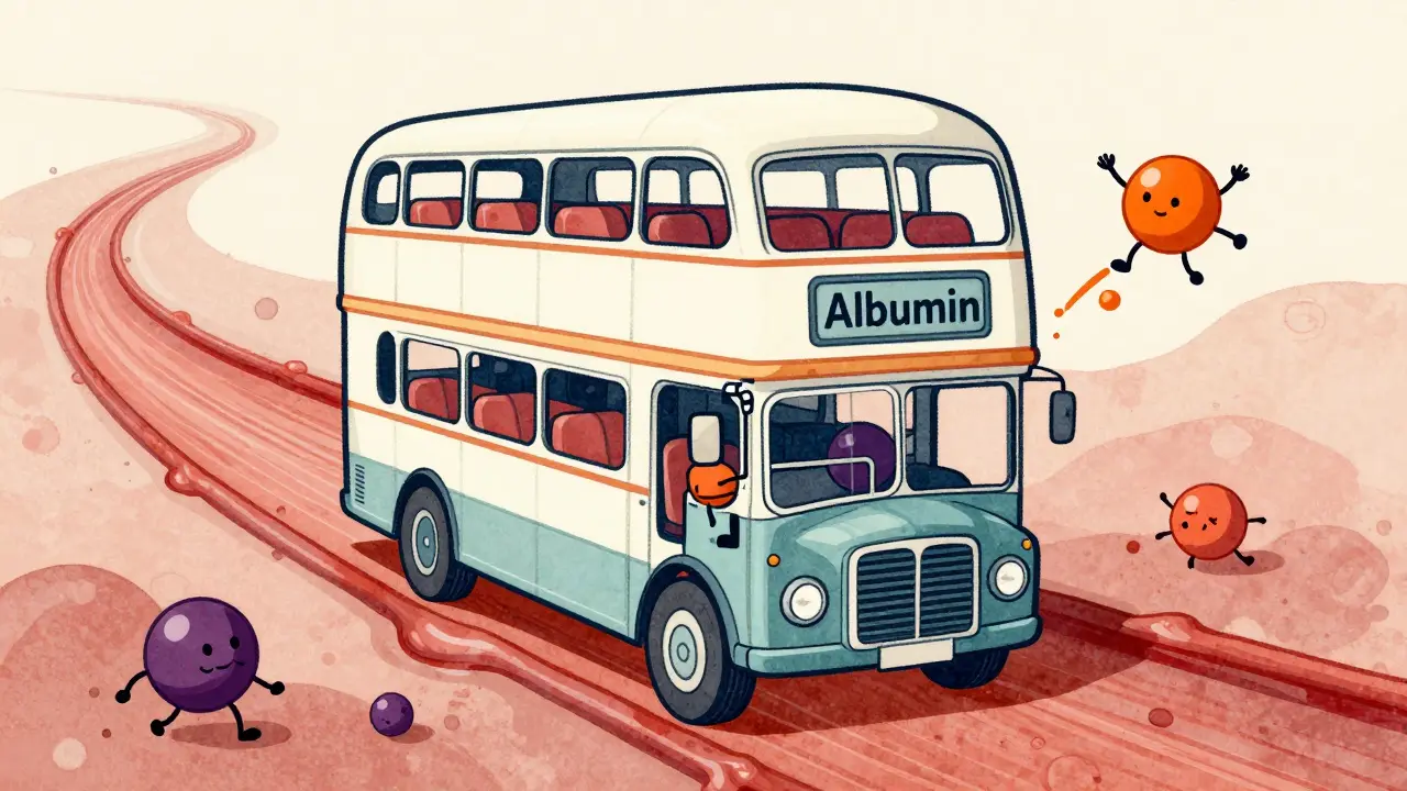 Phenytoin molecule displacing warfarin from an albumin bus