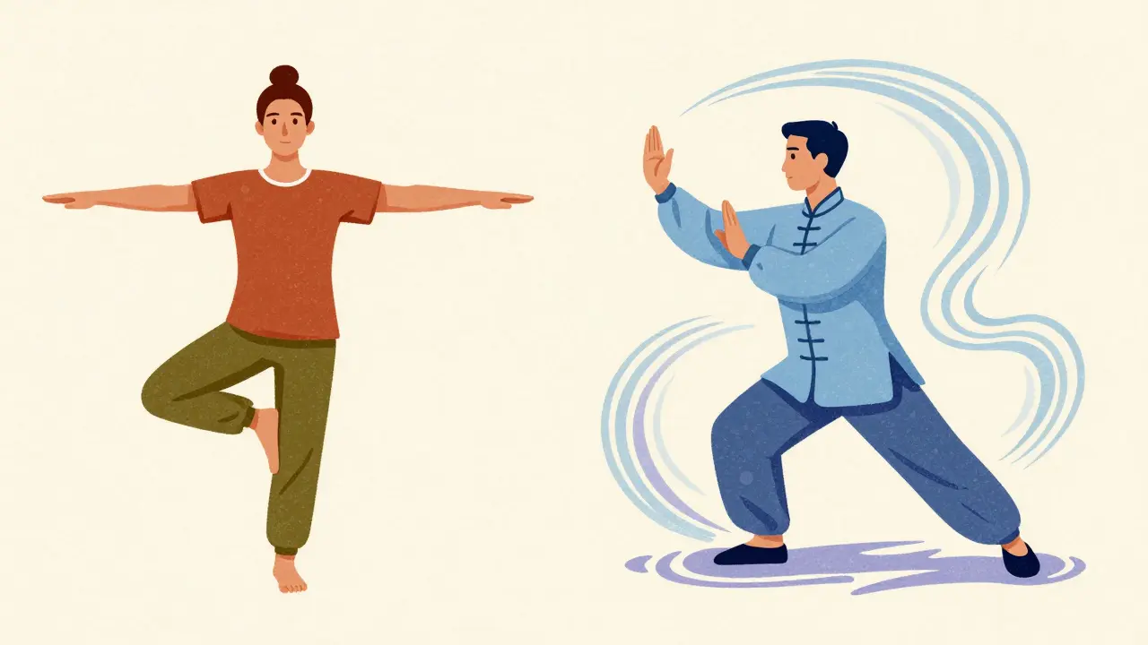 Side-by-side comparison of static yoga poses and flowing tai chi movements.