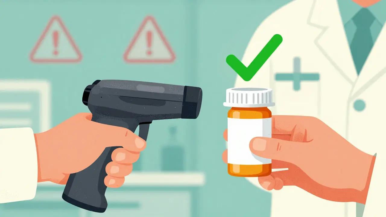 Barcode scanner verifying prescription with green checkmark icon