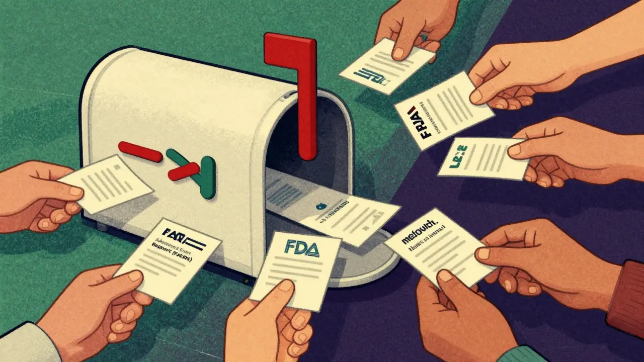 Conceptual art showing people submitting side effect reports to a central system