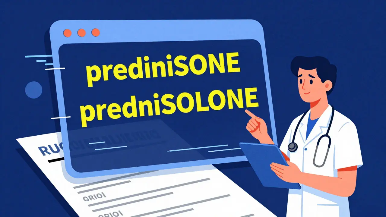 Digital interface highlighting drug name differences to prevent errors.