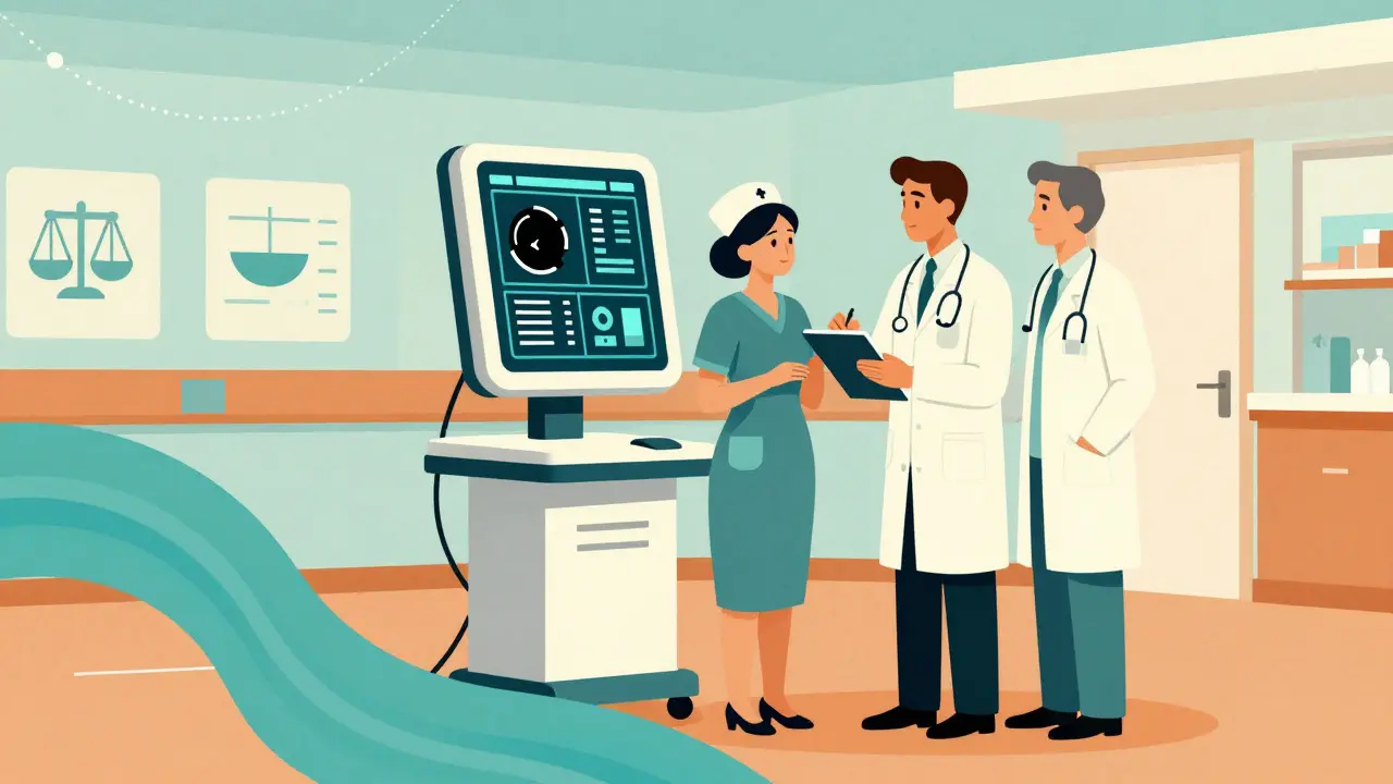 Doctor and nurse collaborating near a digital health terminal in a hospital