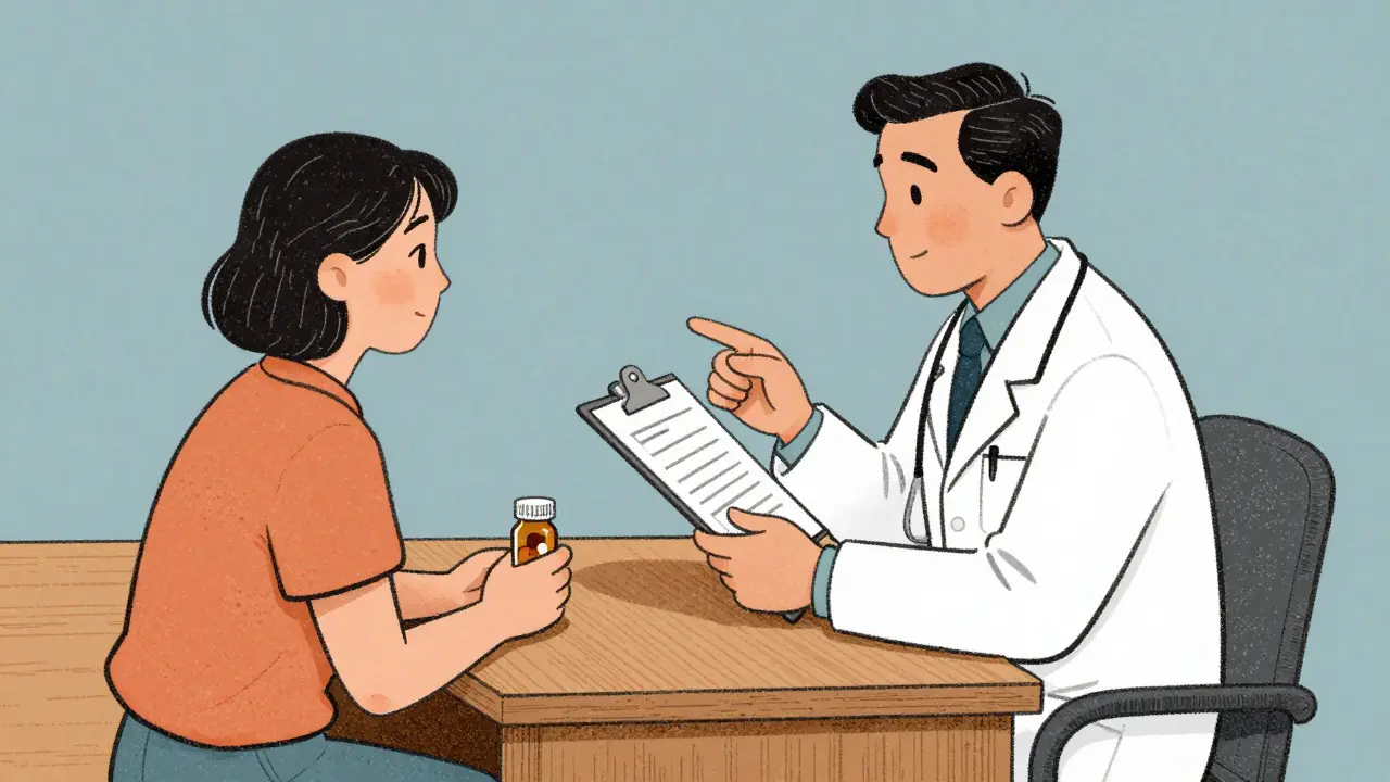 Doctor consulting with a patient about medication risks and benefits