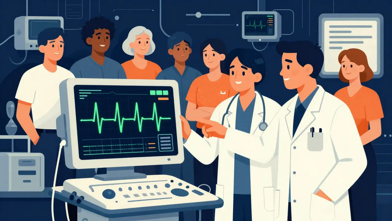 Doctors collaborating over a stable heart rhythm monitor in a clinic