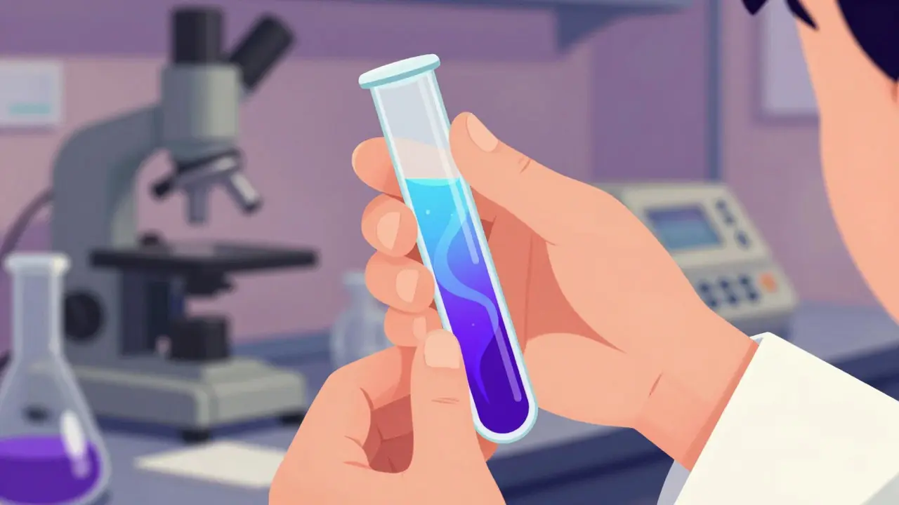 Hands holding a test tube with color-changing liquid in a vintage lab setting
