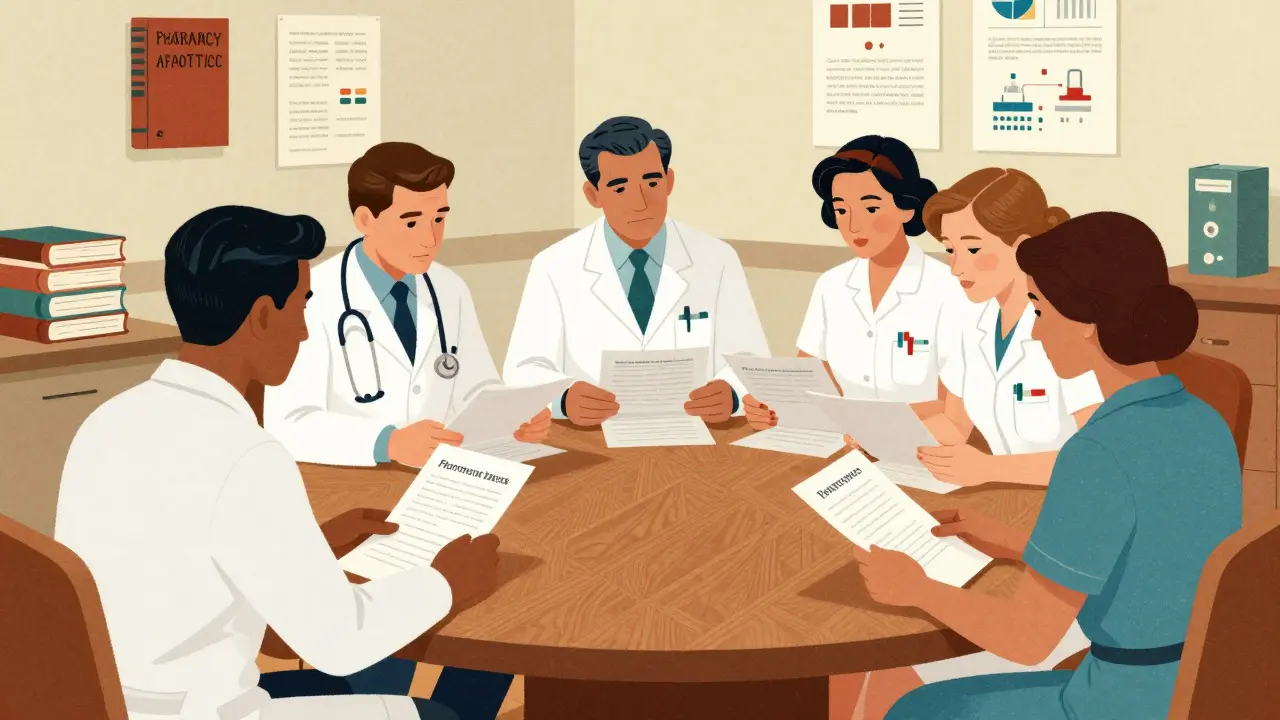 Healthcare committee members reviewing formulary documents at a conference table