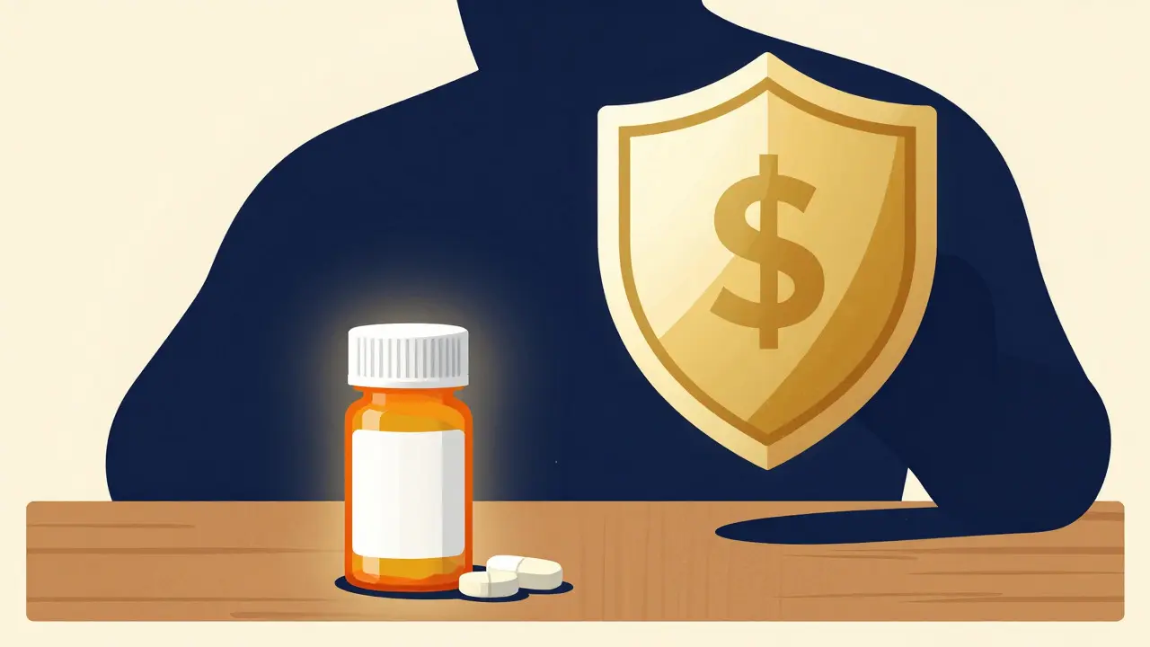 Illustration comparing low-cost generic pills against high retail prices