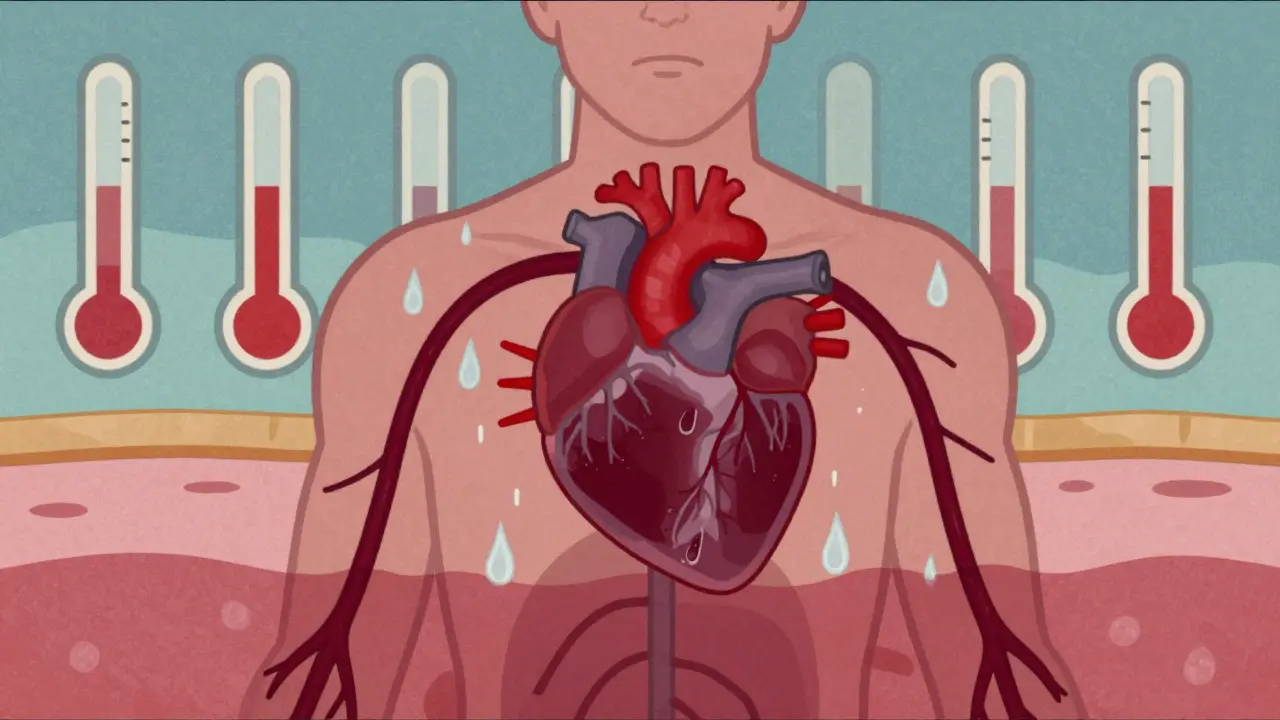 Illustration of a human silhouette showing rapid heartbeat and dehydrated veins