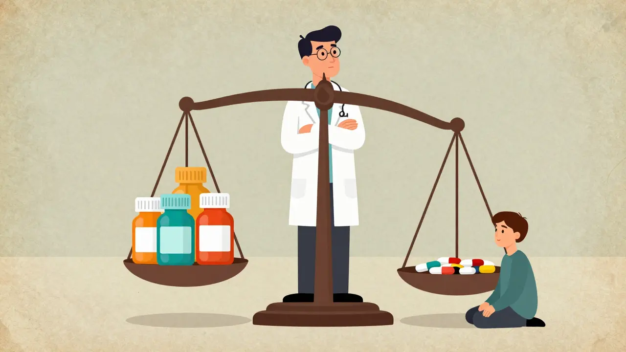 Illustration of a scale balancing psychiatric and cardiac medications