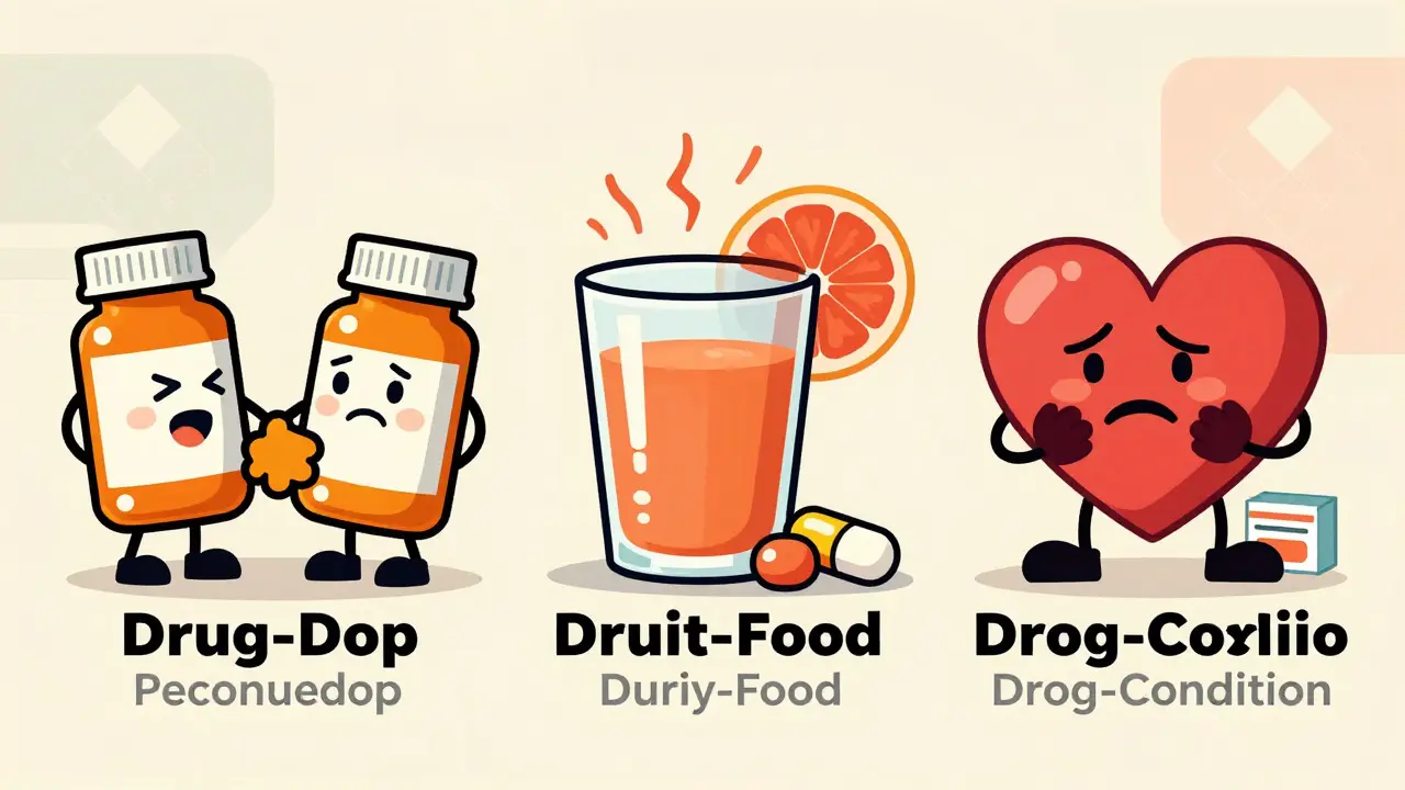 Illustration showing three types of drug interactions: drug-drug, drug-food, and drug-condition.