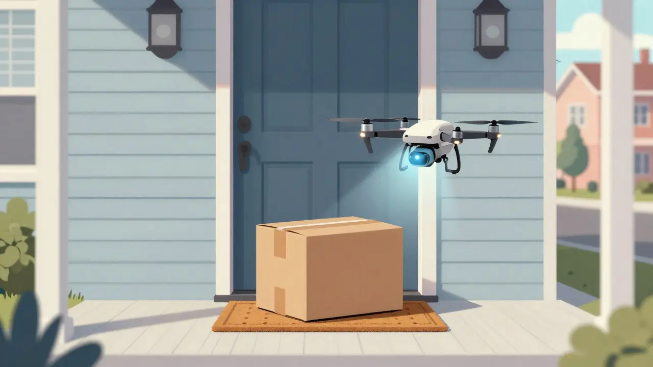Medication package delivered to a front door by a small drone