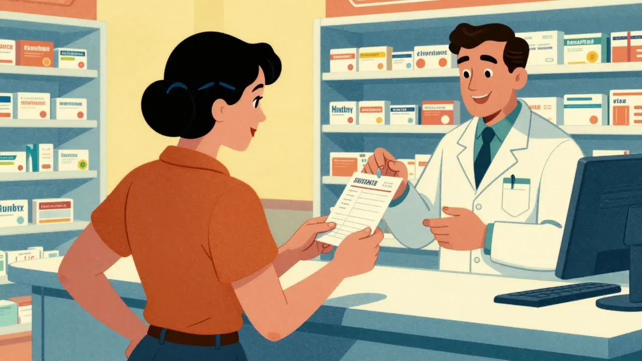 Patient checking prescription label against receipt at pharmacy counter