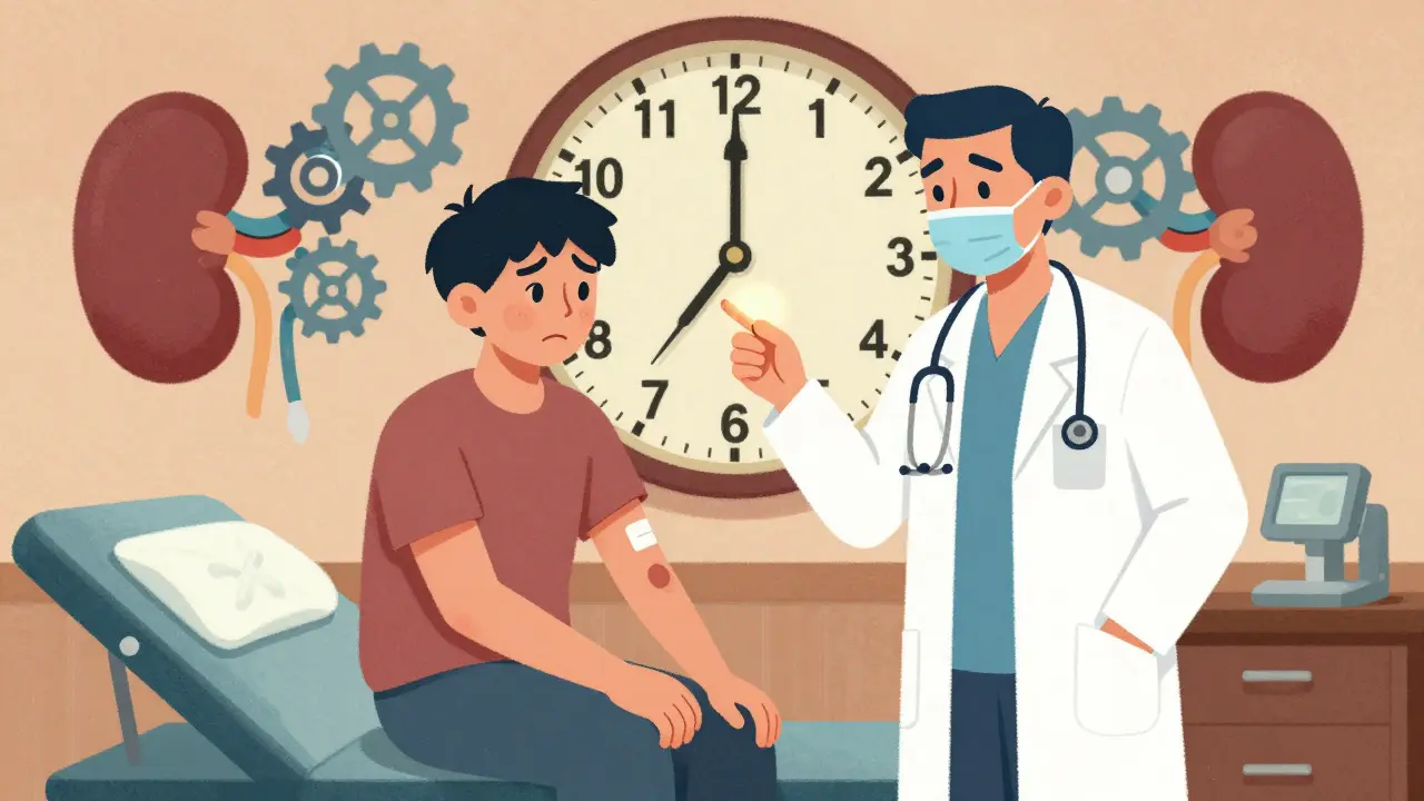 Patient with bruising and doctor checking timing for anti-Xa blood test