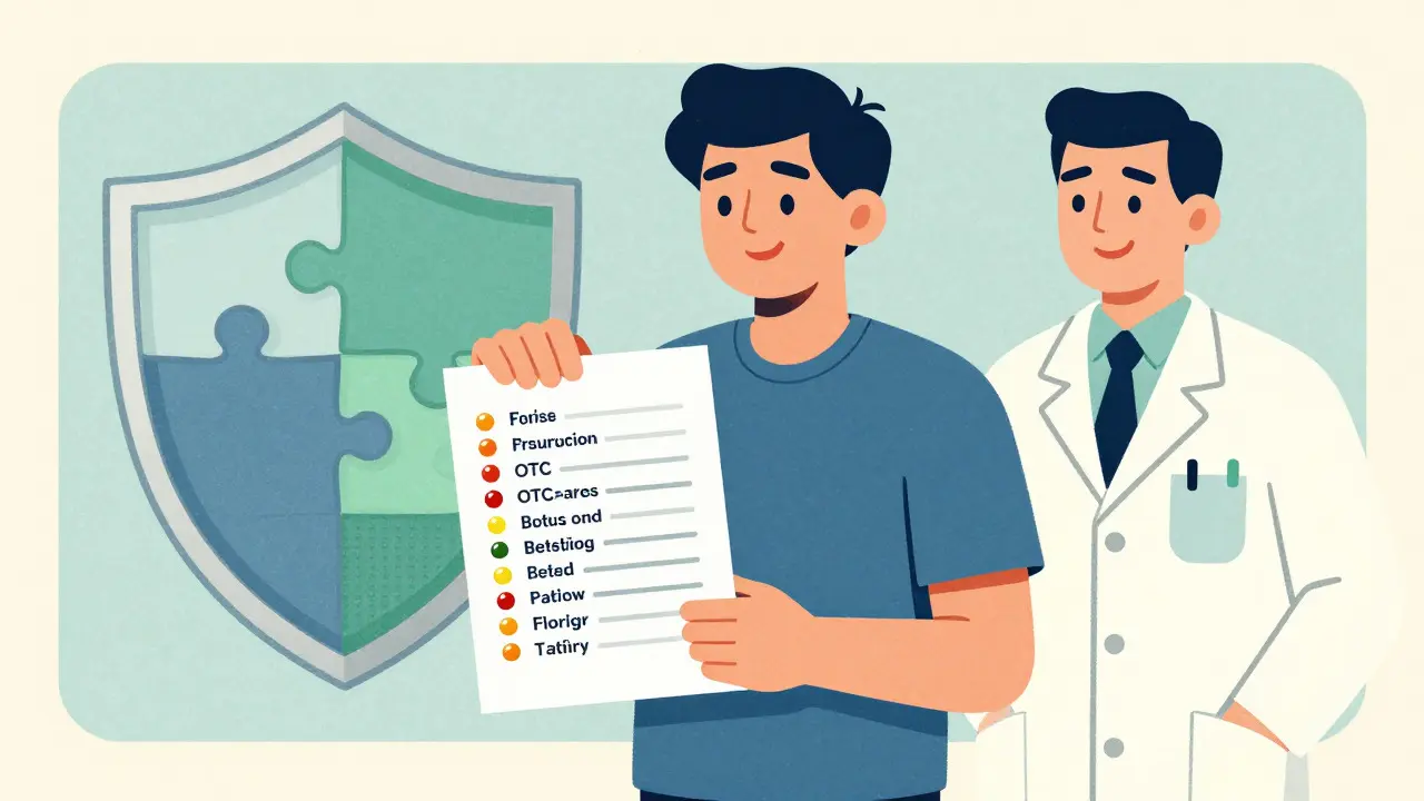 Person reviewing complete medication list with pharmacist for safe health management.