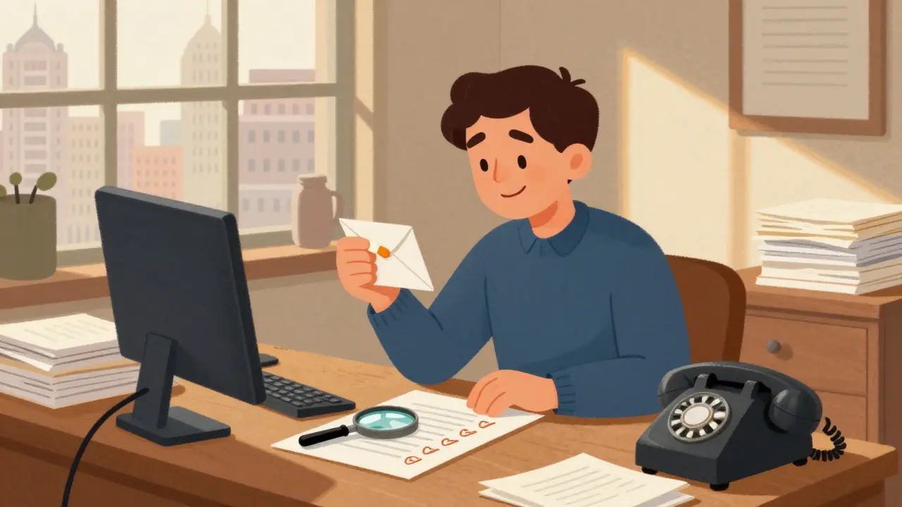 Person verifying safe online pharmacy options at a vintage desk with documents and pills.
